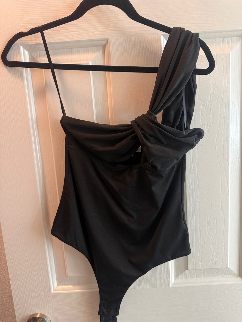 superdown Black One-Shoulder Draped Bodysuit with Knot Accent